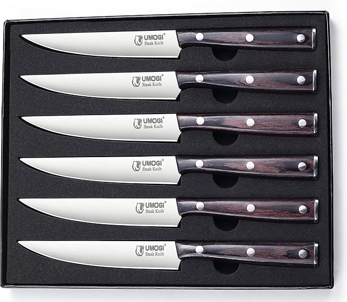 High-end Steak Knives Set of 6, Gift Box - Black Natural Wooden Handle, German Stainless Steel - Straight Edge Non Serrated - 4.8''Dinner Knife, Kitchen Tableware Knives Cutlery Set