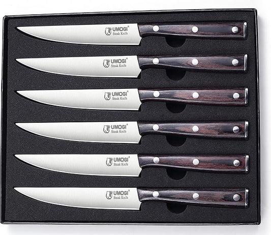 High-end Steak Knives Set of 6, Gift Box - Black Natural Wooden Handle, German Stainless Steel - Straight Edge Non Serrated - 4.8''Dinner Knife, Kitchen Tableware Knives Cutlery Set