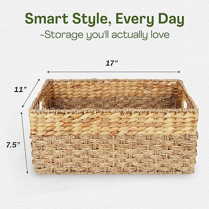 Large Wicker Storage Basket with handles, Natural, Woven, Seagrass and Hyacinth Organizing Baskets for Shelves, Pantry, Living Room - Large Size - 17x11x7.5 in