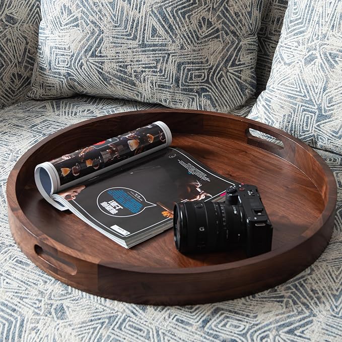 22 x 22 inches Round Ottoman Table Tray, Wooden Solid Black Walnut Circle Platter Decorative Serving Tray with Handle for Oversized Ottoman Home Breakfast in Bed Tea Coffee