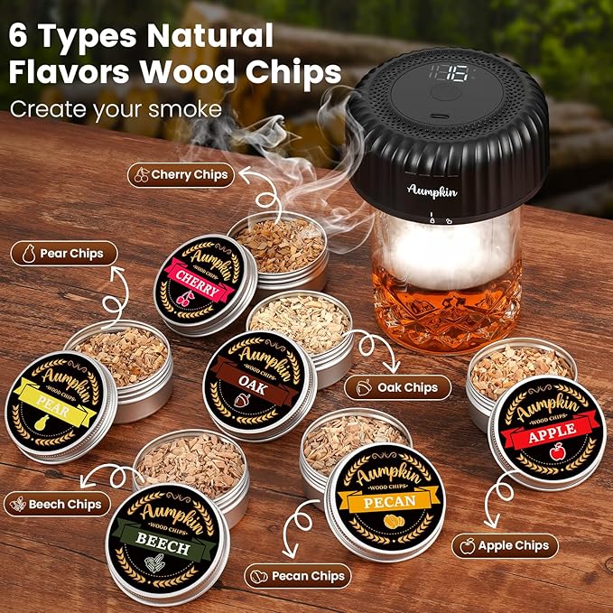 Electric Whiskey Smoker Kit with Built-in Lighter, Rechargeable & No Butane Needed, Includes 6 Wood Chips for Old Fashioned Cocktails, Bourbon Whiskey Gifts for Men/Dad/Husband,Black