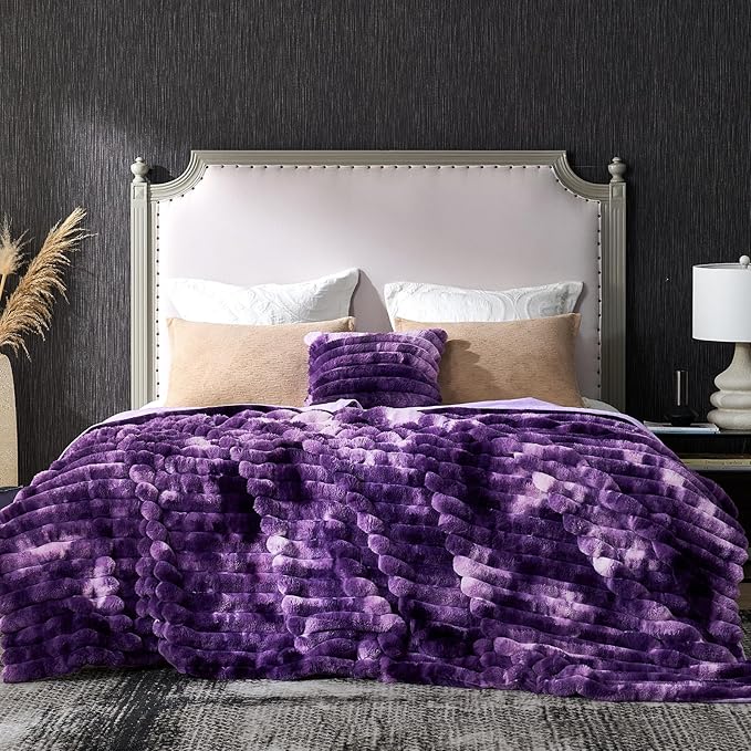 Cozy Bliss Faux Fur Throw Blanket for Couch, Cozy Warm Plush Striped Blanket for Sofa Bedroom Living Room, 90 * 90 Inches Tie-dye Purple