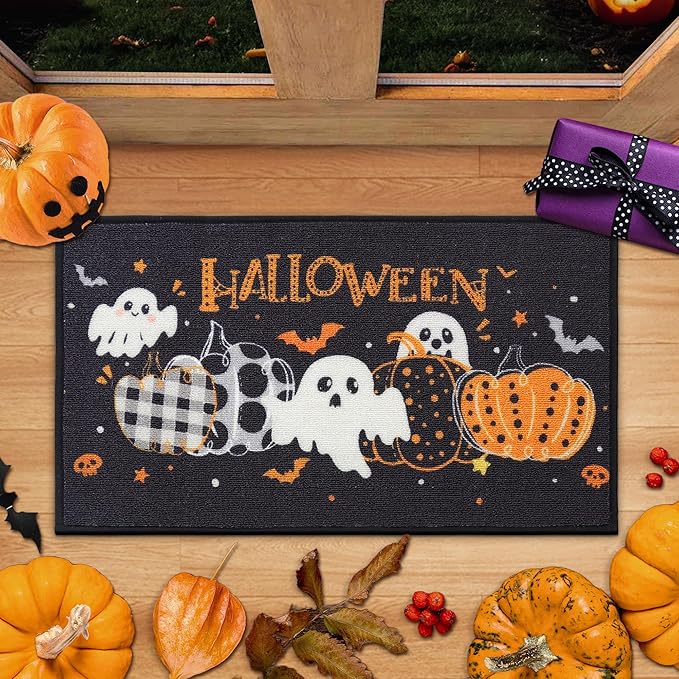 JSEI Halloween Holiday Doormat, 17''x30'' Non-Slip Ghost and Pumpkins Decorative Welcome Mats for Floor, Low-Profile Entryway Rugs Washable, Pumpkins Party Pattern