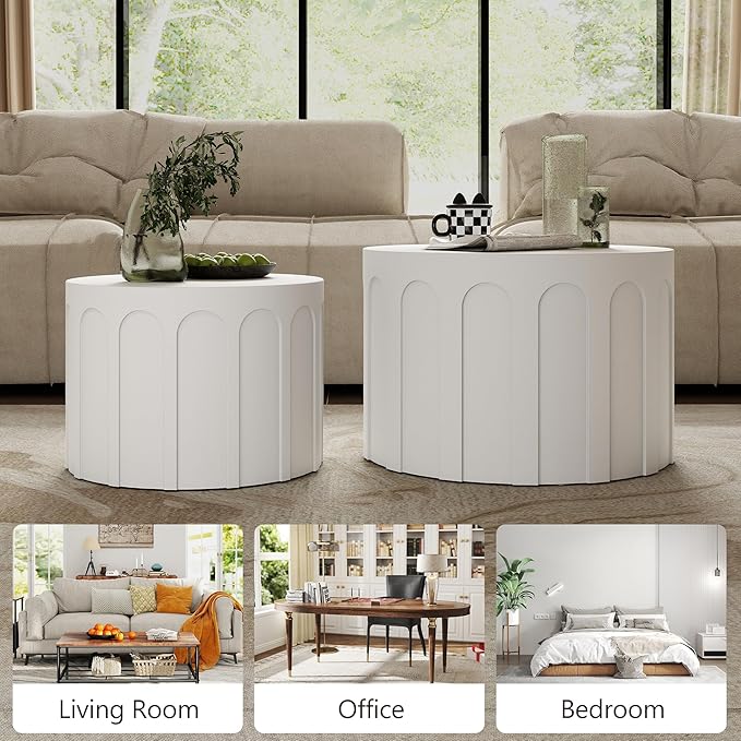 Nesting Coffee Table Set of 2, Modern Coffee Tables, Space-Saving Round Circle Coffee Tables, Side End Table for Living Room, Bedroom, Balcony, Office, White
