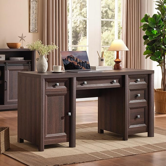 Farmhouse Computer Desk with 5 Drawers and Cabinet, 58” Executive Desk, Wood Home Office Desk with Ajustable Shelf, Rustic Writing Table with Knobs, Workspace for Study Room, Walnut