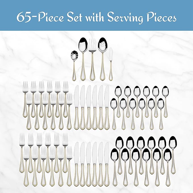 Mikasa, Gold Accent Regent Bead Flatware Service for 12, 65 Piece Set, 18/10 Stainless Steel, Silverware Set with Serving Utensils
