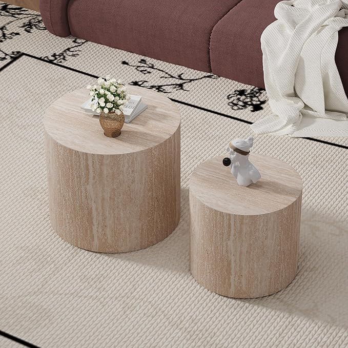 Round Nesting Coffee Table Set of 2 Modern Wood Coffee Tables Handcraft Drum Coffees Table Farmhouse Round Sofa Side Tables End Table for Living Room Small Spaces, No Assembling (Travertine)