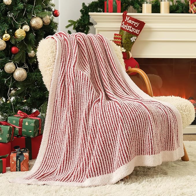 Snuggle Sac Christmas Soft Throw Blanket for Couch, Fuzzy Microfiber Knit Stripe Blankets for Couch, Sofa, Travel, Red Cream, 50x60 inches