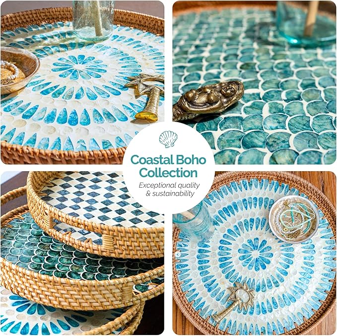 JUNGLE CULTURE Large Rattan Serving Tray 14" with Mother of Pearl Inlay • Coastal Boho Collection • Handcrafted Serving Tray with Handles • Round Woven Table Trays for Home • Wicker Basket – Drift