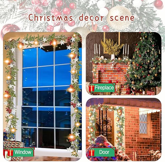 9ft Snowy Olive Christmas Garland with Lights, Pines and Stars,Battery Operated Garland with Timer, Christmas Garlands for Fireplace,StairRailing,Indoor, Outdoor Decor