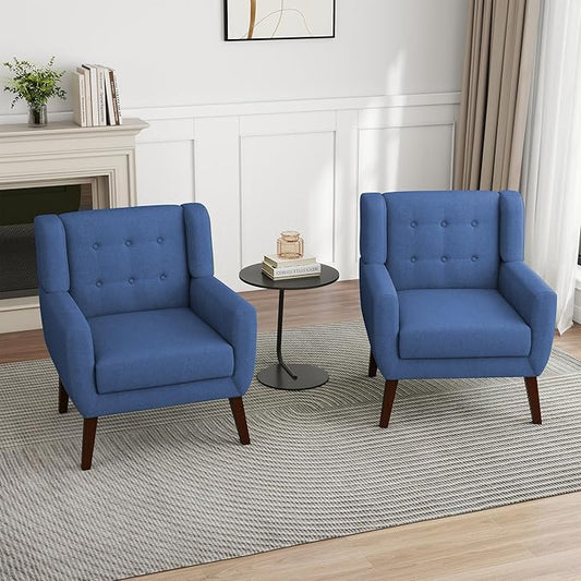 UIXE Accent Chairs Set of 2, Modern Upholstered Arm Chair Mid-Century Club Armchair Comfy Single Sofa Button Tufted Living Room Reading Seat Bedroom Side Sitting, Blue