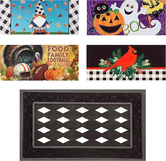 Evergreen Sassafras Fall Christmas Holiday Doormat Insert Bundle & Tray Set of 5, Interchangeable Entrance Door mats Indoor and Outdoor Welcome Mat 30 x 18 Tray Non Slip Backing Low Profile