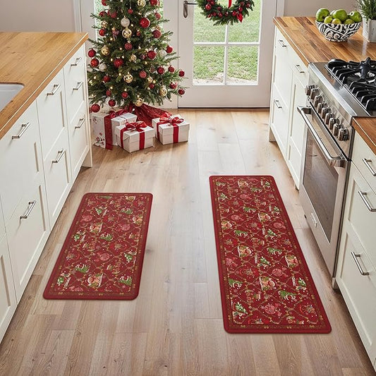 GENIMO Christmas Decorations - Kitchen Mats for Floor, 2PCS Christmas Kitchen Rugs, Cushioned Anti Fatigue Mat for Home Decor, Waterproof Non Slip Standing Mat for Laundry, 17.3"x47"+17.3"x30", Red