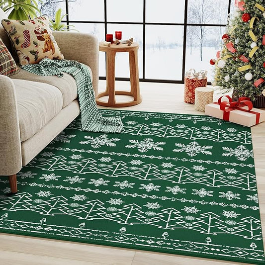 Christmas Green Area Rug 3x5 Washable Office Carpet Xmas Snowflake Holiday Decor Doormat Non Slip Soft Low Pile Small Throw Rug Kitchen Living Room Bedroom Entrance Dining Room