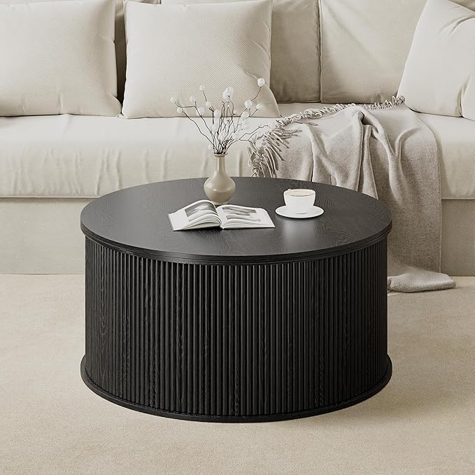 Lift Top Coffee Table, Fluted Round Coffee Table with Storage, Farmhouse Center Dining Table Circle Table for Living Room, Apartment, Home Office (Black)