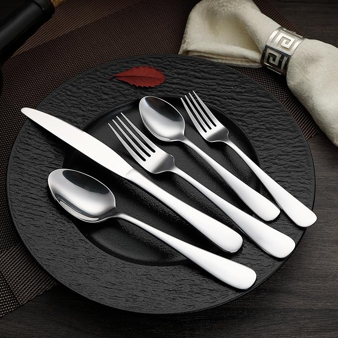 Amazon Basics Silverware Set, Stainless Steel Flatware, Dishwasher Safe, Service for 4, 20-Piece Forks and Spoons, Round Edge