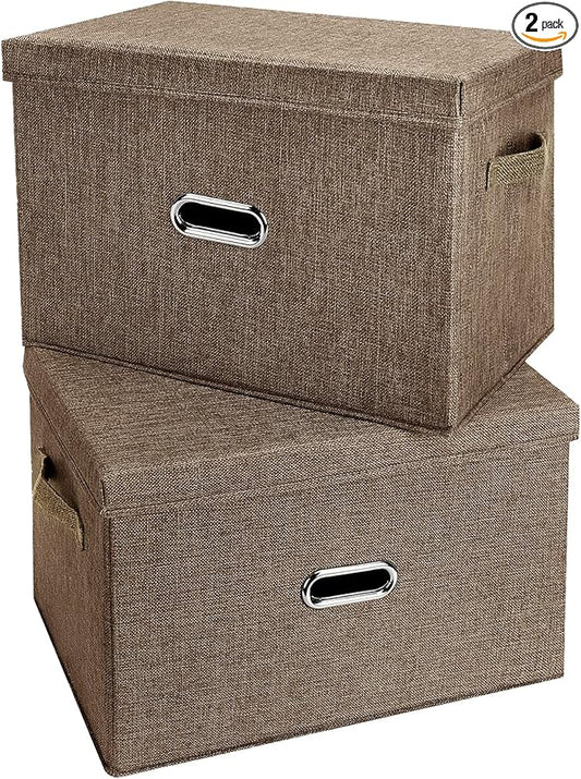 Large Linen Fabric Foldable Storage Bins with Removable Lid and Handles, Washable Storage Box Organizer Containers Baskets Cube with Cover for Bedroom,Closet,Office (Coffee, Large(2-Pack))