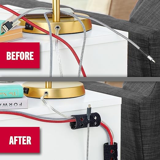 VELCRO Brand Cord Organizer for Desk & Nightstand, 5 Cable Slots with Sleeve Routing, Adhesive Wire Holder for Cord Management, Home, Workshop, Gaming & Office Essentials, Black 2 Pack