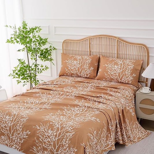 Spirit Linen home Twin Sheets Sets - Pure Microfiber 3 Piece Polyester Bed Sheets, Fitted Sheet & Pillow Cases - Twin Sheets for All Seasons (Foliage Taupe/White, Twin/Twin XL)