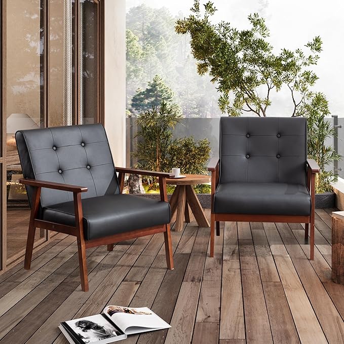 STHOUYN Black Leather Accent Chair for Office, Waiting Room Lobby Chair with Wooden Arms, Mid Century Modern Small Armchair Living Room Sofa Set (Black (Chair))