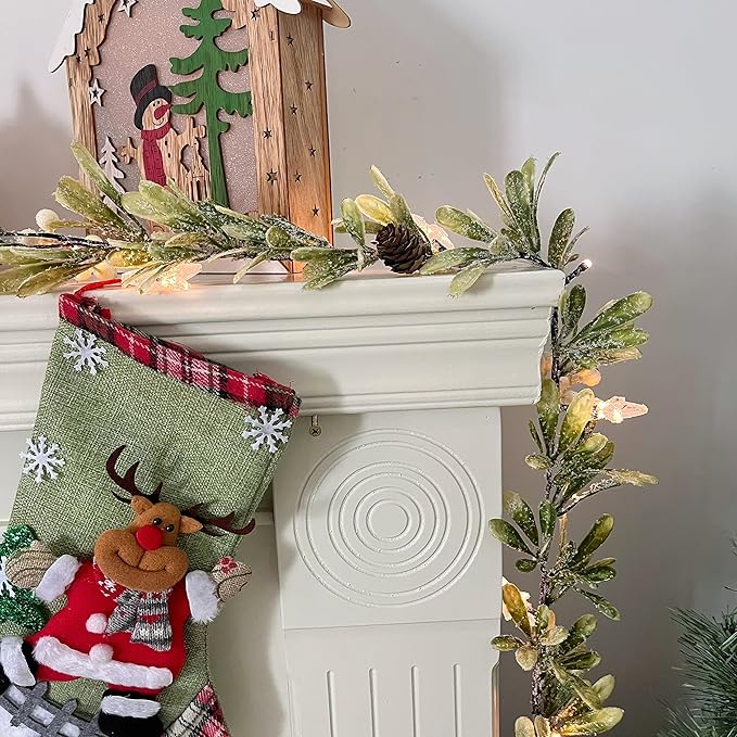 6ft Snowy Olive Christmas Garland with Pine Berry,Battery Operated Garland with Timer,Pre-lit Garland for Christmas,Party,Indoor, Fireplace, Stairs Railing,Mantle Decor