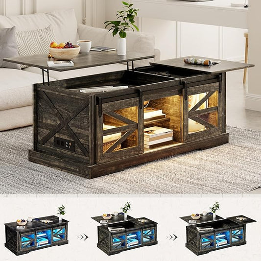 Farmhouse Coffee Table, Lift Top Coffee Table with Gun Cabinet, 2 Sliding Barn Doors-Large Storage and 3 Color LED Lights fit Modern Rectangular Rustic Living Room Center Table,Dark Oak