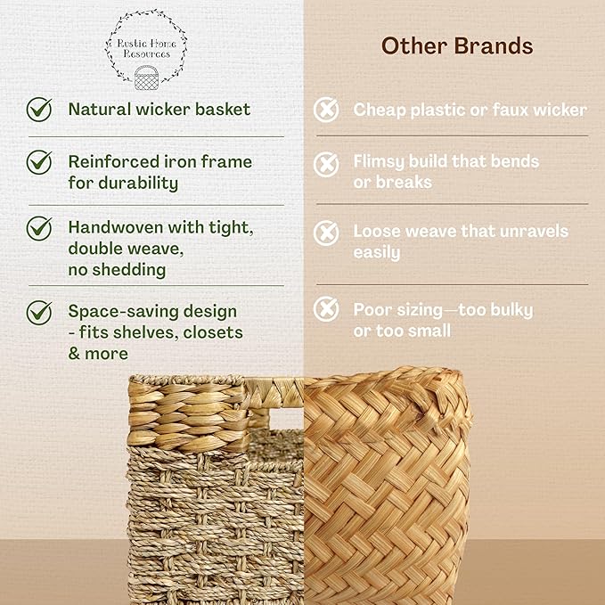 Medium Wicker Basket for Storage, Natural, Seagrass and Hyacinth Woven Baskets for Décor with Built-In Handles, Rectangular, Shelf Organizing for Bedroom, Pantry - Medium Size - 15.5x9.5x6.5 in