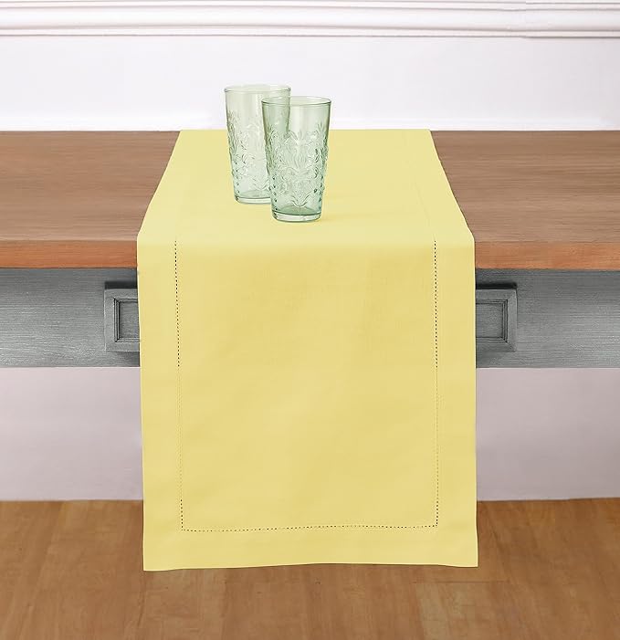 Solino Home Yellow Table Runner 60 Inches - Cotton Linen Hemstitch Coffee Table Runner 14 x 60 Inch Ideal for Dresser Tables