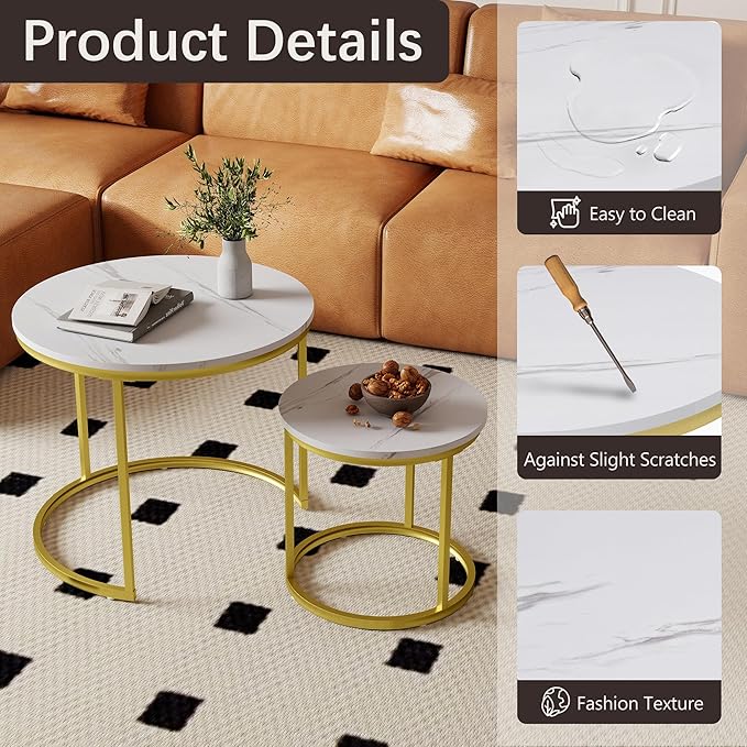 Nesting Tables Set of 2, White Round Coffee Table, Small Nesting Coffee Table with Adjustable Non-Slip Fee, White Marble Top Stack Nesting Tables Set of 2 for Living Room, Bedroom