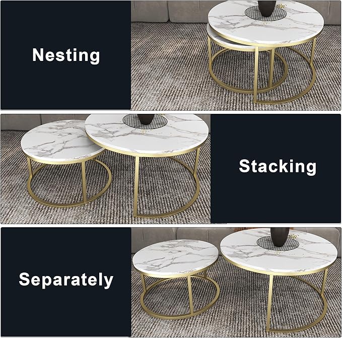 Nesting Coffee Table Set of 2, 31.5" Round Coffee Table Wooden Marble Pattern Accent Furniture, Industrial End Table for Living Room Bedroom Balcony (White/Gold)