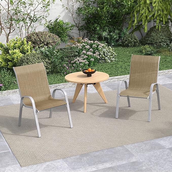 Amopatio Patio Chairs Set of 2, Stackable Outdoor Dining Chairs for All Weather, Silver Outdoor Chair Garden Furniture for Backyard Deck, Beige