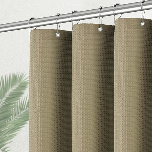 Taupe Stall Fabric Shower Curtain - Water Repellent Waffle Textured 256GSM Heavy Duty Cloth Shower Curtains for Bath Tubs, Narrow Hotel Quality Bath Curtain Set with 6 Hooks, 36Wx72H
