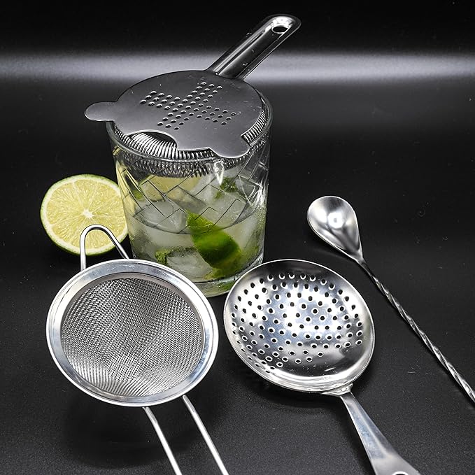 Cocktail Strainer Set Stainless Steel Bar Tools with Stirring Spoon - Hawthorne, Julep, Fine-Mesh and Jigger for Drinks