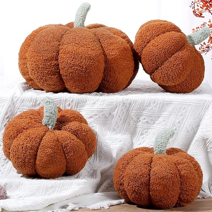 Kajaia 4 Pcs Fall Decor Pumpkin Throw Pillow Fall Pillow 11 Inches 7 Inches 3D Cushion Thanksgiving Sherpa Plush Fluffy Stuffed for Autumn Halloween Christmas Home Sofa(Brown)