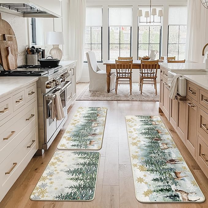 Artoid Mode Xmas Trees Deer Snowflakes Christmas Kitchen Mats Set of 2, Winter Home Decor Low-Profile Kitchen Rugs for Floor - 24"x36"+24"x59"+24"x72"