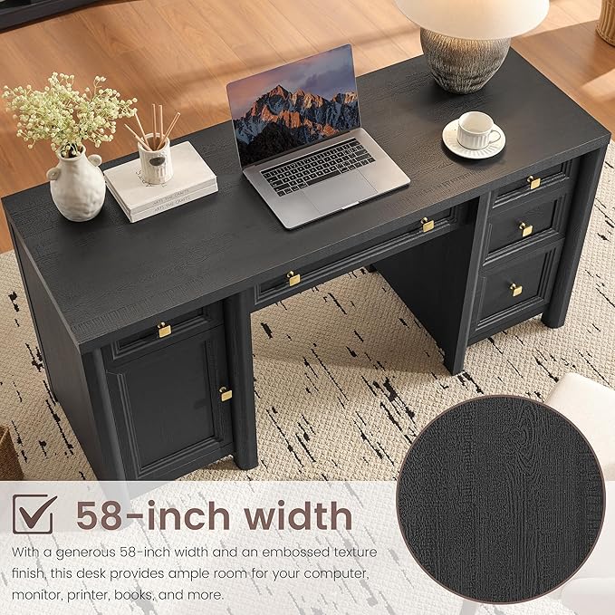 Farmhouse Black Office Desk with Drawers, 58” Executive Desk for Work Study, Home Writing Desk with Gold Knobs, 5 Different Sizes Drawers and Storage, Workstation for Study Room Living Room
