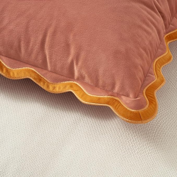 MONDAY MOOSE Decorative Throw Pillow Covers Cushion Cases, Set of 2 Soft Velvet Scalloped Wavy Edge Designs, Mix and Match for Home Decor, Pillow Inserts Not Included (Honey/Pink, 18x18 inch)