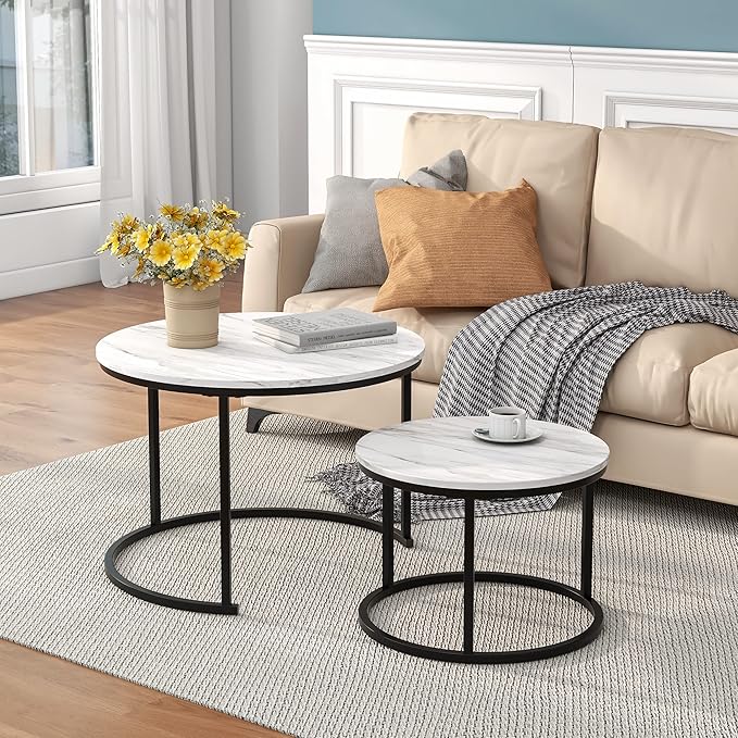 HOJINLINERO Nesting Round Coffee Table Set of 2 End Tables for Living Room,Circular and Marble Coffee Table Wooden Accent Furniture with Metal Frame,Stacking Side Tables,Black