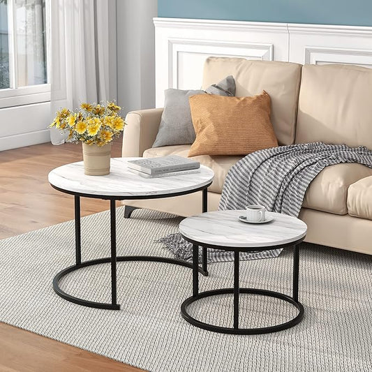 HOJINLINERO Nesting Round Coffee Table Set of 2 End Tables for Living Room,Circular and Marble Coffee Table Wooden Accent Furniture with Metal Frame,Stacking Side Tables,Black