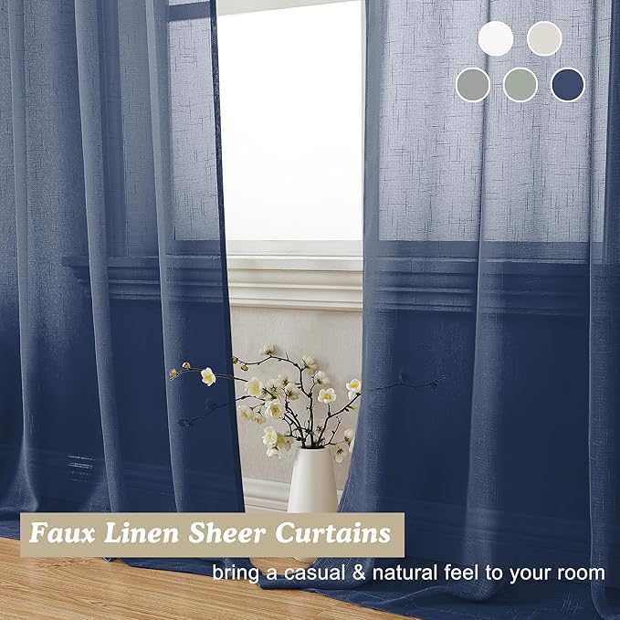 Aiyufeng Kirei Faux Linen Navy BlueSheer Curtains 84 Inches Length 2 Panels, Light Filtering Slub Textured Elegant Rod Pocket Curtain Drapes for Farmhouse Living Room Bedroom, Each 40Wx84L Inch, Blue
