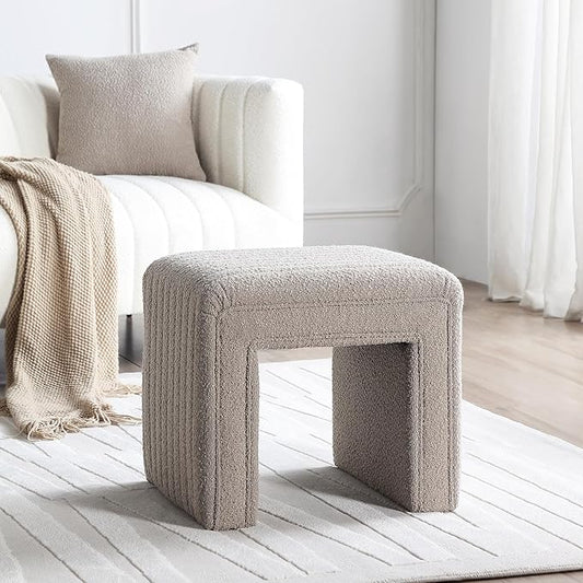 Get Set Style Vanity Stool Chair,Modern Boucle Ottoman Foot Stool with Wooden Legs Sofa Bench Footstool Extra Seat for Vanity,Makeup Room,Living Room,Entryway,Office (Fully Assembled)