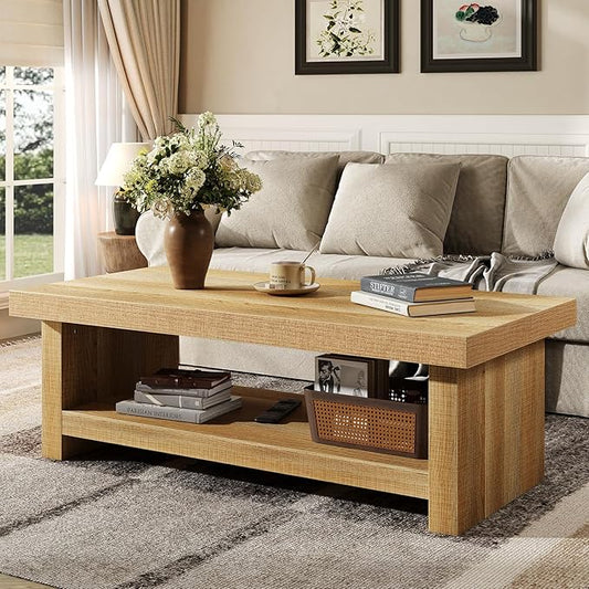 47-Inch Rectangle Coffee Table, Wood Rectangular Center Tables, Farmhouse Low Cocktail Tea Table for Living Room, Thick Base/Easy Assembly, Natural