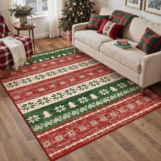 Christmas Red Area Rug 4x6 Washable Snowflake Holiday Decor Office Carpet Xmas Non Slip Decorative Low Pile Boho Mat for Bedroom Entrance Dining Room Kitchen
