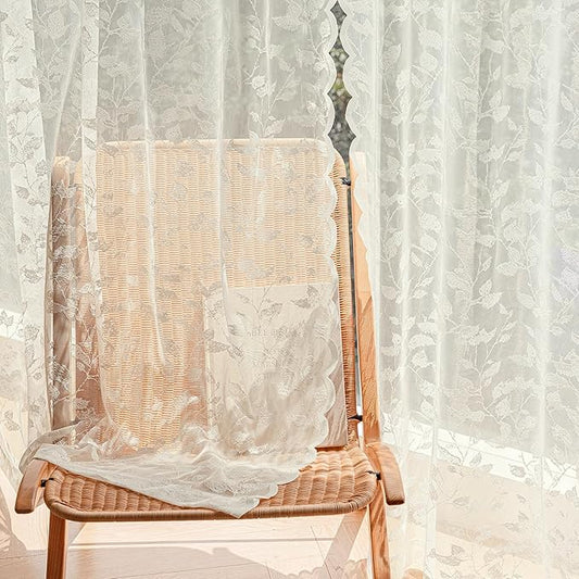Ivory Lace Semi-Sheer Curtains – Vintage Leaves Pattern Lace for Bedroom/Bathroom, Light Filtering Rod Pocket Drapes, Privacy Chic Window Treatments Scalloped Hem, 52W x 72L Inch, 2-Panel Set