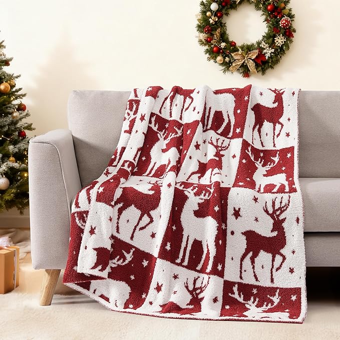 WRENSONGE Checkered Throw Blanket, Red Deer Pattern, Soft Cozy Fluffy Warm Hand Made Throw Blankets for Couch, Sofa, Chair, Bed, Camping, Picnic, Travel Lightweight Bed Blanket - 50"*60"