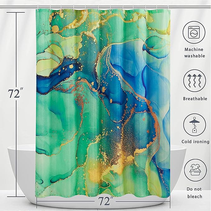 Marble Shower Curtain, Green Marble Shower Curtain Set with 12 Hooks, Colourful Abstract Gold Teal Marble Shower Curtains for Bathroom, Waterproof Fabric, 72" W X 72" L