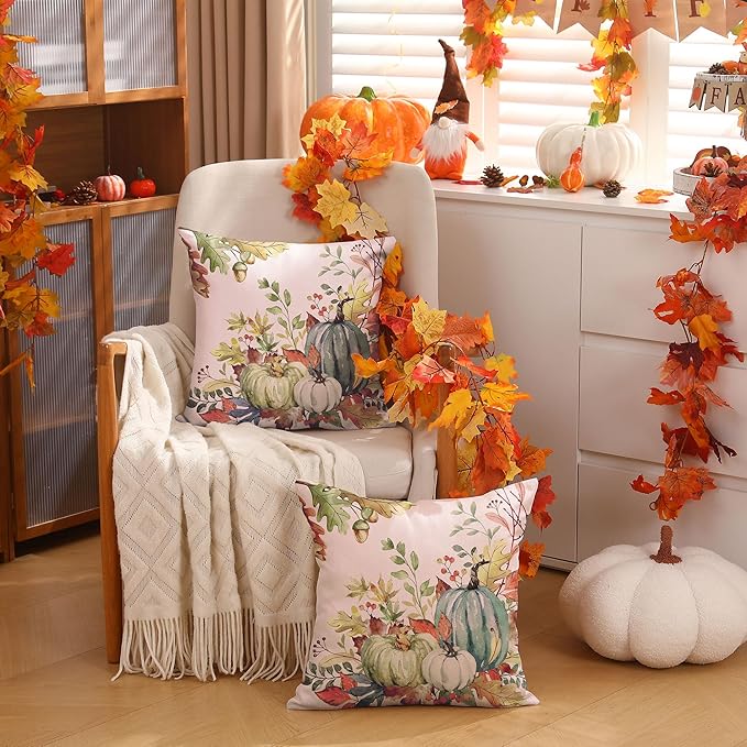 DFXSZ Fall Pillow Covers 16x16 inch Set of 2 Green Watercolor Pumpkin Fallen Leaves Decorative Throw Pillow Covers Autumn Thanksgiving Farmhouse Decoration for Home Couch TH27-F16
