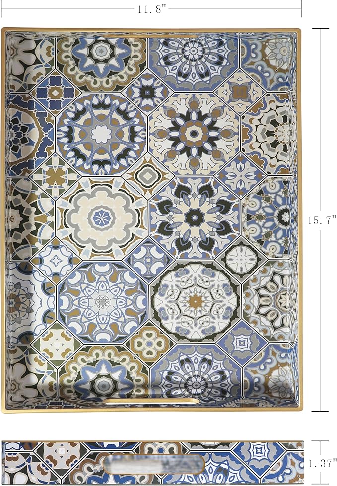 Boho Sturdy Acrylic Serving Tray with Handles-15.7x11.8Inch, Morden Plastic Rectangular Serving Tray for Coffee Table Bathroom, Ottoman, Home Decor