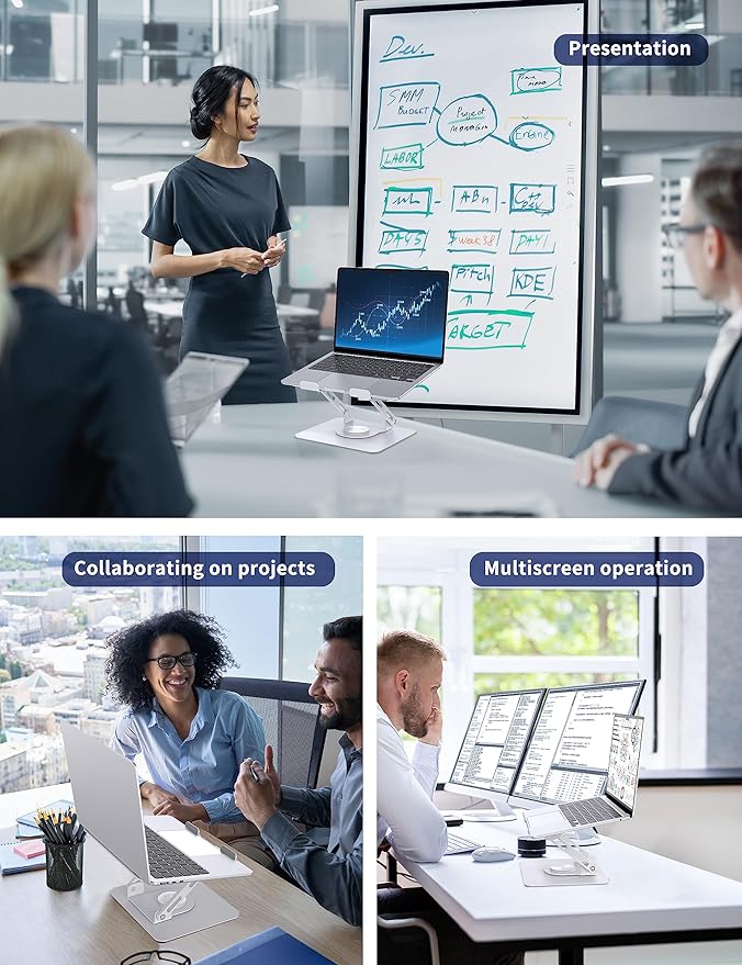 SOUNDANCE Laptop Stand with 360° Rotating Base, Ergonomic Computer Riser for Desk, Adjutable Height Muti-Angle, Foldable Laptop Mount, Stable Metal Holder Support 10-15.6" Notebook PC, White