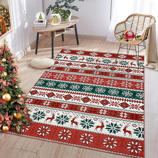 Bedroom Area Rug 3x5 Small Boho Decorative Throw for Christmas, Festival, Farmhouse & Living Room, Red
